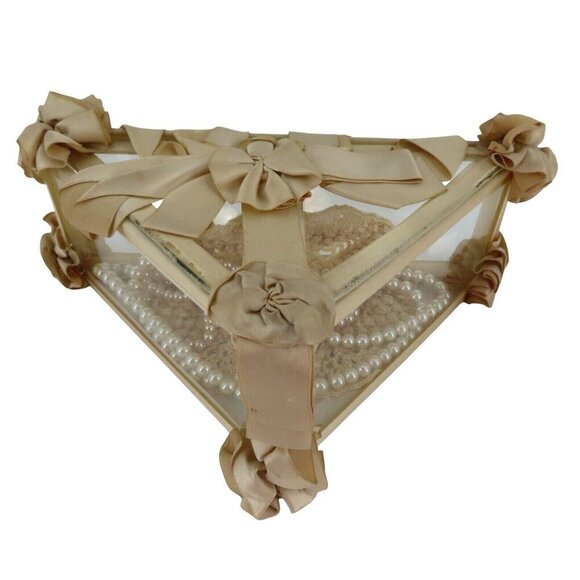 VTG Handmade Ivory Satin Ribbon Glass Triangle Jewelry Trinket Box Pearls Lace - Picture 1 of 14